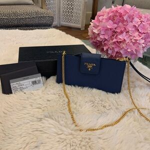 Prada Saffiano Bluette chain wallet purse